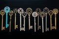 Keys for property security, diverse antique and modern types displayed Royalty Free Stock Photo