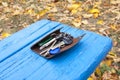 A bunch of keys on a blue wooden board Royalty Free Stock Photo