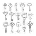 Keys set. Various vintage, antique and modern Keys with ornate heads. All elements are isolated. Vector illustration Royalty Free Stock Photo