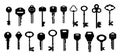 Keys silhouettes. Black shapes of modern and vintage key collection with different heads sizes and forms. Vector real