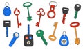 Keys and tags. Doodle magnetic latchkeys and NFC-tags. Vintage and modern access passkeys collection. House protection
