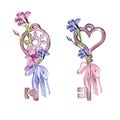 keys tied with a ribbon. watercolor clipart for valentines day. cute keys with beautiful flowers and a bow. Hydrangea Royalty Free Stock Photo