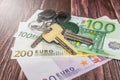 The keys to the apartment are on different euro banknotes. Royalty Free Stock Photo