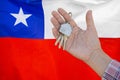 Keys to the apartment in a female hand on background of flag Chile