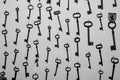 Keys to the gate, tower, castle. A wall of vintage metal keys. Texture of old keys Royalty Free Stock Photo