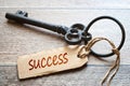 Keys to Success - Concept photo. Old key with paper label on wooden background - Success text. Royalty Free Stock Photo