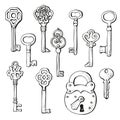 Keys vintage collection, old keys vector set Royalty Free Stock Photo