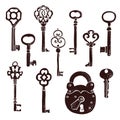 Keys vintage collection, old keys vector set Royalty Free Stock Photo