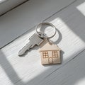 Keys with a wooden house keychain on a white wooden surface, AI Generated Royalty Free Stock Photo