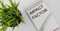 Keyword IMPACT FACTOR - business concept text on a white notebook and pen, green flowers Royalty Free Stock Photo