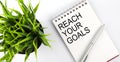 Keyword Reach your goals - business concept text on a white notebook and pen, green flowers