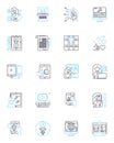 Keyword research linear icons set. Analysis, Targeting, Optimization, Competitors, Tools, Insights, Volume line vector