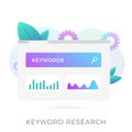 Keyword research - seo on-page optimization vector flat icon. Research and analysis popular search terms with engine optimization. Royalty Free Stock Photo