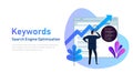 Keywording, SEO keyword research, keywords ranking optimization on search engine. Vector illustration of people looking