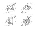 Keywords, Phone payment and Hand washing icons set. Coins sign. Pencil with key, Mobile pay, Laundry basin. Vector Royalty Free Stock Photo