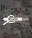Keywords research. Collage with photos of SEO specialists and search bar