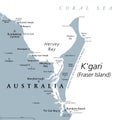 Kgari, formerly Fraser Island, gray political map, worlds largest sand island Royalty Free Stock Photo