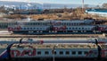 KHABAROVSK, November. 15, 2018: view of the cars of railway passenger cars at the railway depot . Passenger trains