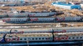 KHABAROVSK, November. 15, 2018: view of the cars of railway passenger cars at the railway depot . Passenger trains