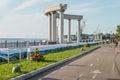 Barrier structures to prevent flooding of the Amur River embankment.