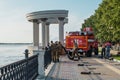 Water intake from the Amur River. Construction of barrage facilities to prevent flooding of the embankment.