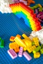 Khabarovsk, Russia, February 25, 2022. Multicolored rainbow creating from Lego Classic small details