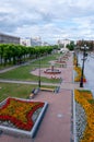 Small fountains with beautiful flower beds on Lenin Square on a summer day