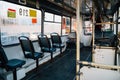 Inside of old local tram bus in Khabarovsk, Russia