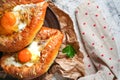 khachapuri Adjara traditional Georgian cuisine meal. Baked bread with cheese and egg filling. National pastry snack