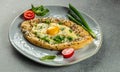 khachapuri with cheese and egg filled bread. banner, menu, recipe copy space, top view