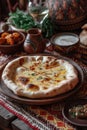 Khachapuri, a traditional Georgian cheese-filled bread, presented in an authentic Georgian setting. This setting provides a