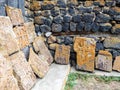 Khachkars along walls of shurch in Sevanavank Royalty Free Stock Photo