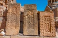 Khachkars in Noravank monastery in Armenia Royalty Free Stock Photo