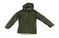 Khaki green jacket with a warm lining and hood. Military style in clothes.