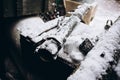 khaki grenade launcher in the snow