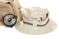 Khaki hat with fly fishing equipment Royalty Free Stock Photo