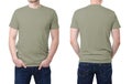 Khaki t shirt on a young man template Royalty Free Stock Photo