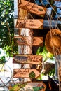 Khanh Hoa, Vietnam - 4 March 2023: many wooden signs with name of Vietnamese cities against summer hat in the market