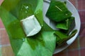 Khanom Sod-Sai thai name Thailand dessert wrapped in banana leaves