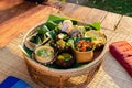 Khantoke, is a pedestal tray used as a small meal table by the Lanna people. A Set of traditional of Thai food in north of Royalty Free Stock Photo