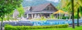 Khao Lak, Thailand, June 1, 2019: panorama fragment of the Sands hotel with a swimming pool against a background of green trees