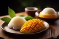 Khao Niaow Ma Muan mango sticky rice on a plate Thailand food generative Ai