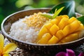 Khao Niew Mamuang or Thai mango sticky rice with coconut cream