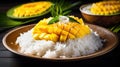 Khao Niew Mamuang or Thai mango sticky rice with coconut cream. Generative AI