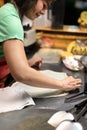 Khaolak, Thailand, 5 june 2019: Roti Making, roti thresh flour by roti maker with oil.Thailand Street Food and Desserts