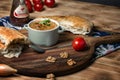 Kharcho soup with lamb meat served in a clay bowl with lavash flatbread