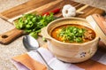 Kharcho traditional food, very tasty soup in clay dishes, onion, meat, potato, garlic, red pepper, on table, clay plate. Royalty Free Stock Photo