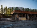 Kharkiv, Kharkov, Ukraine - 05.07.2022: burnt destroyed cafe shop metal structure construction on street in city after