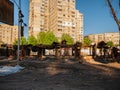 Kharkiv, Kharkov, Ukraine - 05.07.2022: burnt destroyed car wash shop gas station metal construction on street city