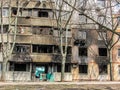 Kharkiv, Kharkov, Ukraine - 05.07.2022: outside view destroyed burnt balconies of house broken windows ruined apartment